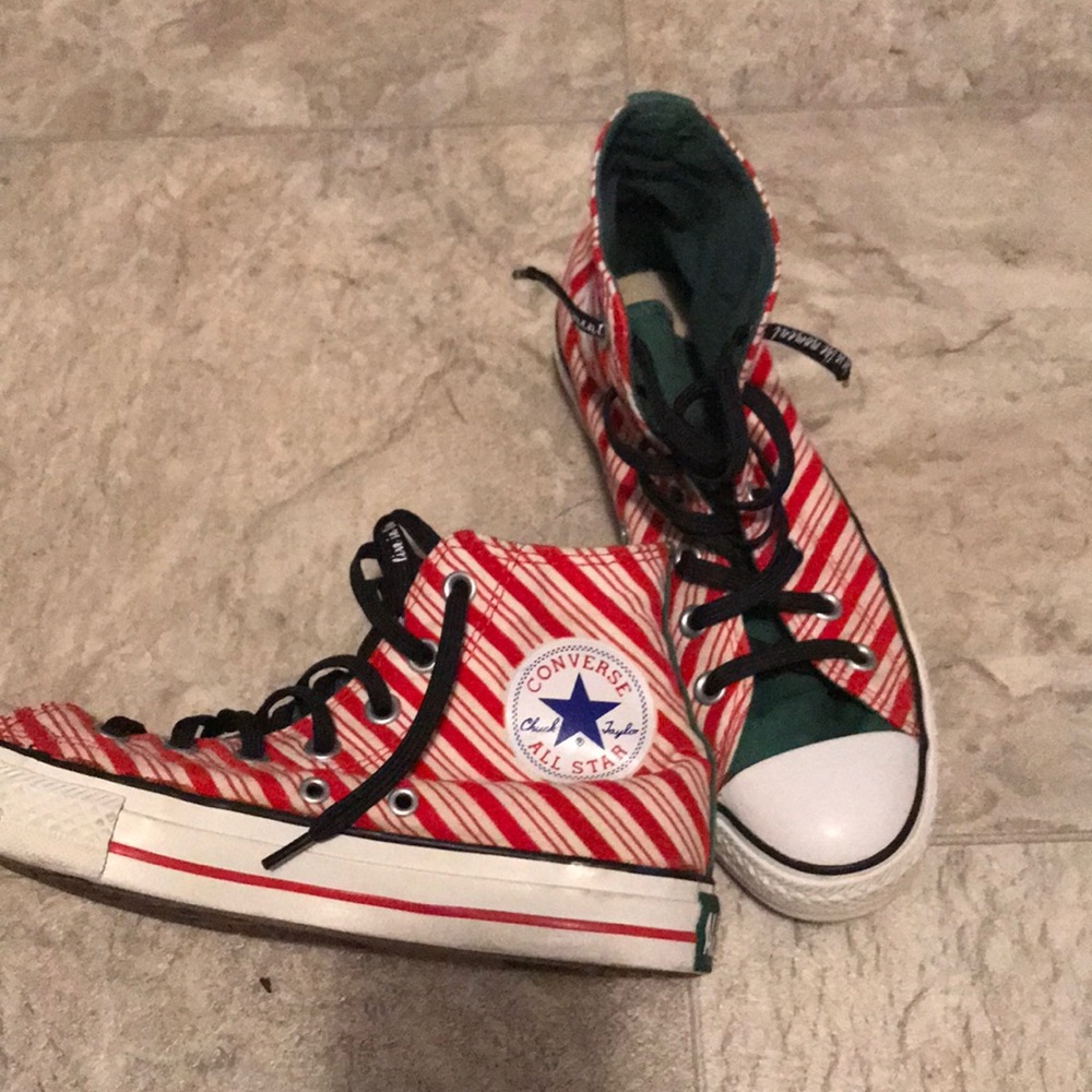 Red and white high top converse